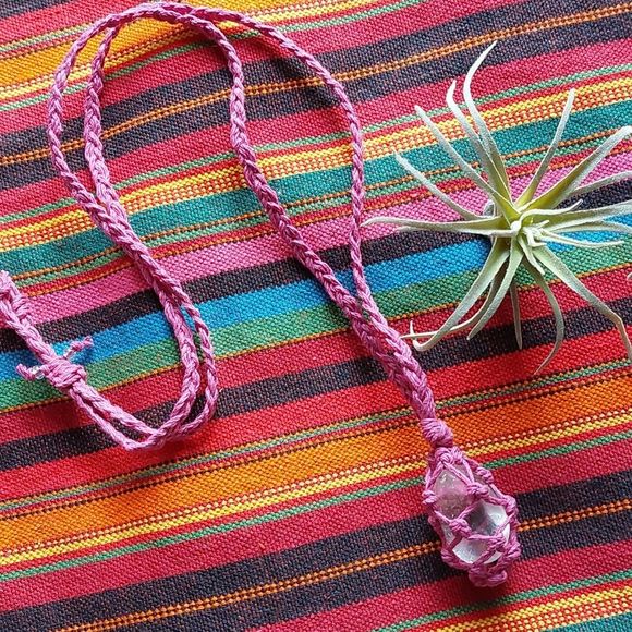 Macrame, Quartz Pink Hemp Necklace Handcrafted - Picture 3 of 13